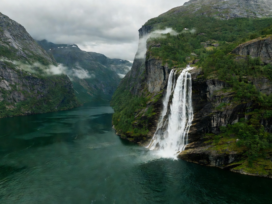 Deep green Norwegian fjord with cascading mountain waterfall