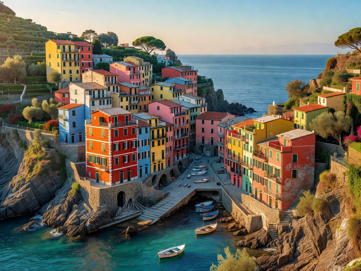 Italian Riviera coastline with colorful village houses