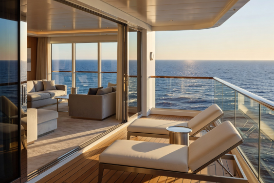 Luxury cruise ship balcony suite overlooking open ocean