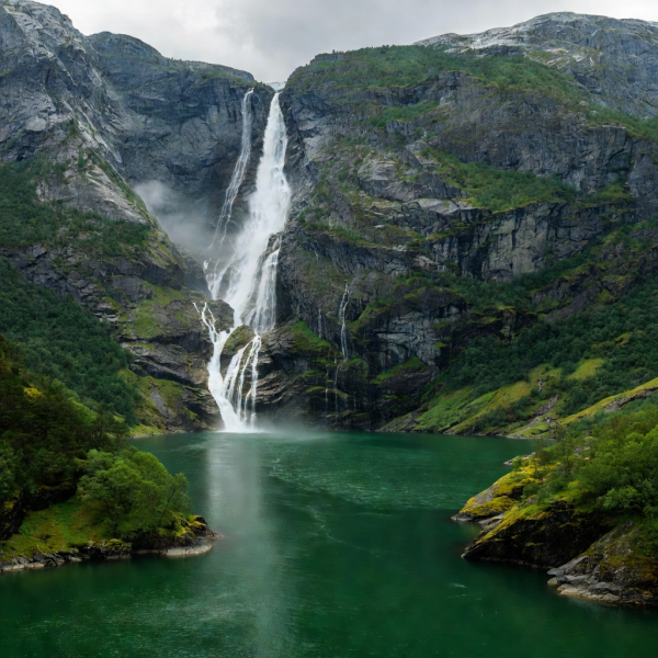 Majestic steep Norwegian fjord waterfalls with emerald glacial water