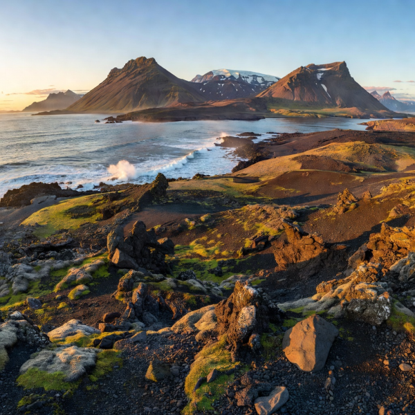 Reykjavik Iceland volcanic landscapes and ocean view