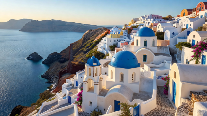 Santorini blue domed churches and whitewashed village overlooking sea