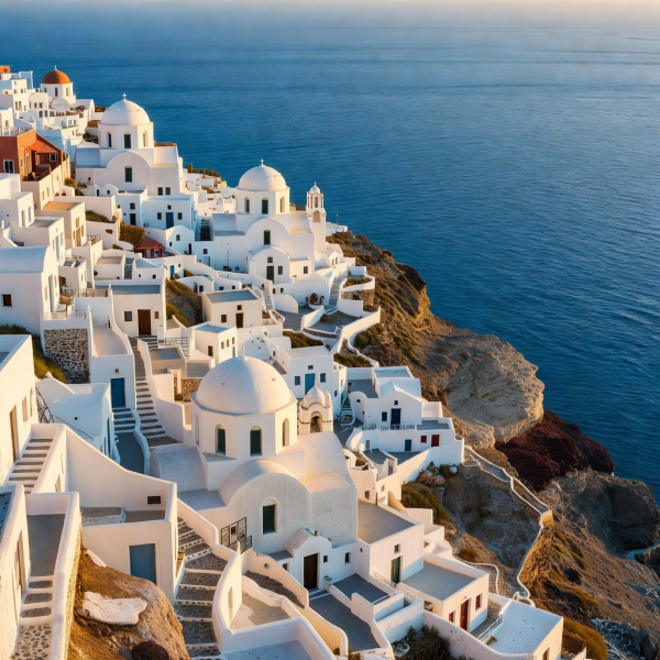 Santorini cliffside white buildings overlooking the Aegean blue ocean